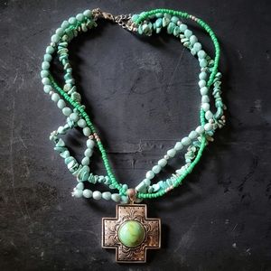 Unique stranded turquoise and blue colored cross southwest necklace